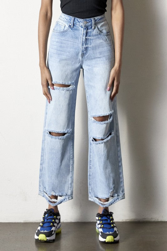 Maverick High Rise Distressed Straight Leg Jeans in AGED LIGHT - oversized, cropped - view 16