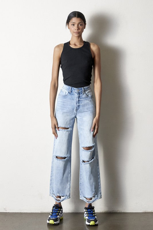 Maverick High Rise Distressed Straight Leg Jeans in AGED LIGHT - oversized, cropped - view 4