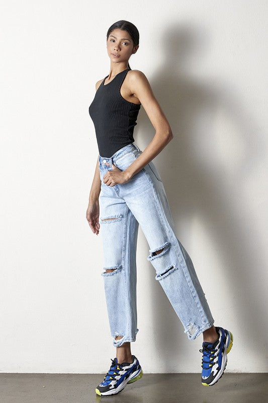Maverick High Rise Distressed Straight Leg Jeans in AGED LIGHT - oversized, cropped - view 5