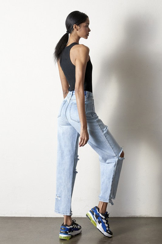 Maverick High Rise Distressed Straight Leg Jeans in AGED LIGHT - oversized, cropped - view 6