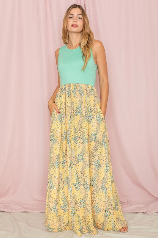 Meadow Blossom Sleeveless Maxi Dress in mint yellow - round neck, relaxed fit - front view