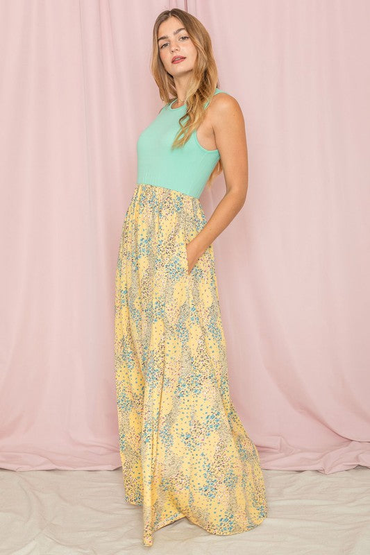 Meadow Blossom Sleeveless Maxi Dress in mint yellow - round neck, relaxed fit - detail view