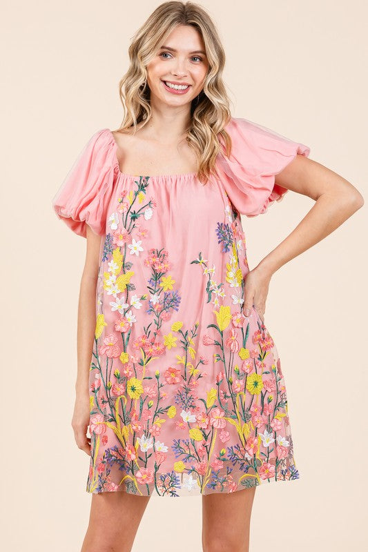 Meadowbloom Embroidered Mesh Mini Dress in Pink Multi - off shoulder, mini - front view