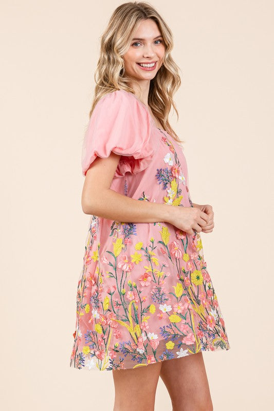 Meadowbloom Embroidered Mesh Mini Dress in Pink Multi - off shoulder, mini - view 19