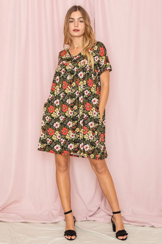 Meadowbrook V-Neck Floral Baby Doll Dress - v neck, mini - detail view