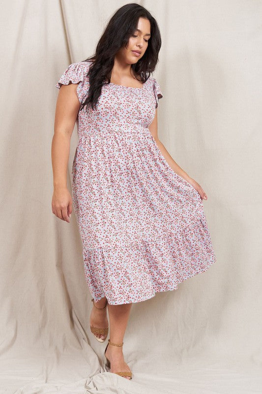 Meadowlark Flutter Sleeve Ditsy Floral Sundress in Blue Pink - cropped, midi - front view