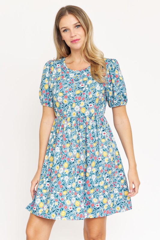 Meadowlark Puff Sleeve Gathered Mini Dress in BLUE - round neck, cropped - front view