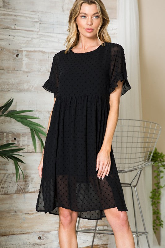 Meadowlark Swiss Dot Flutter Sleeve Chiffon Midi Dress in BLACK - round neck, midi - view 10
