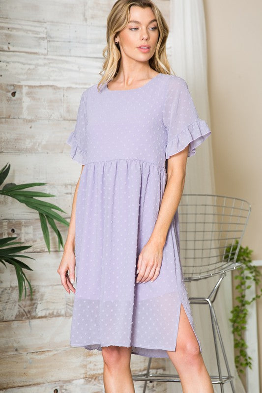 Meadowlark Swiss Dot Flutter Sleeve Chiffon Midi Dress in LAVENDER - round neck, midi - view 6
