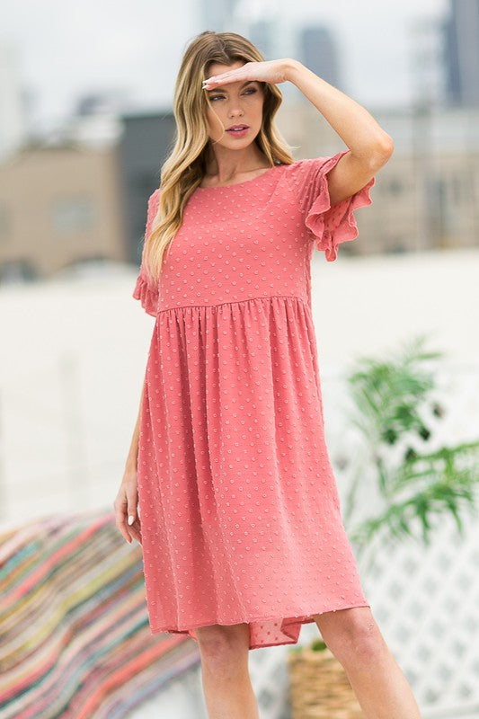 Meadowlark Swiss Dot Flutter Sleeve Chiffon Midi Dress in ROSE - round neck, midi - front view