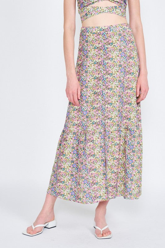 Meadowsweet Button-Front Floral Maxi Skirt in GREEN FLORAL - button front, maxi - front view