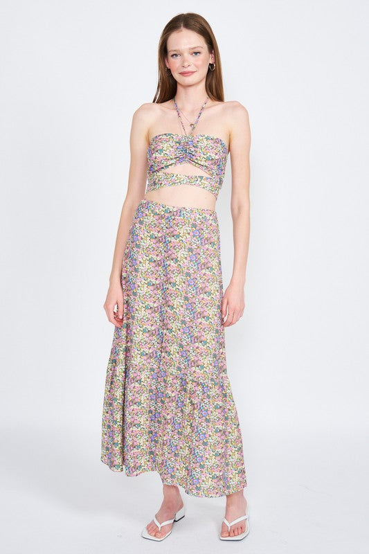 Meadowsweet Button-Front Floral Maxi Skirt in GREEN FLORAL - button front, maxi - detail view