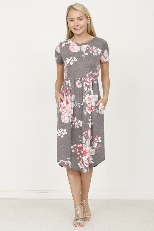 Meadowsweet Floral Midi Dress With Fitted Bodice in Charcoal - round neck, cropped - alternate view