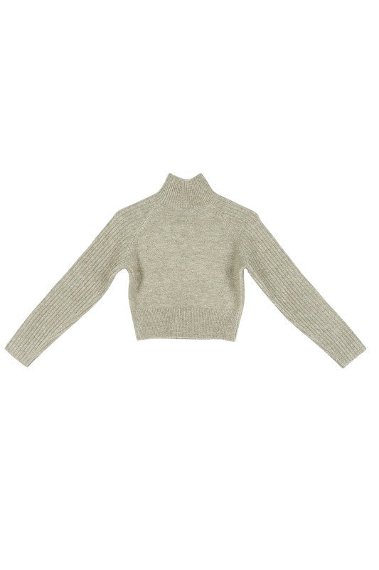 Melange Ribbed Mock Neck Crop Sweater - mock neck, cropped - view 22