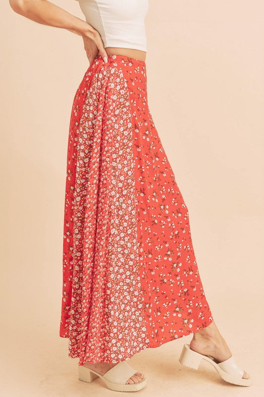 Melanie Floral Contrast Maxi Skirt in RED FLORAL - maxi, mini - front view