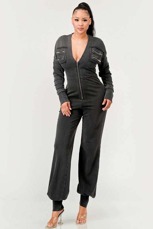 Meridian Multi-Pocket V-Neck Ribbed Jumpsuit in BLACK - v neck, cropped - alternate view