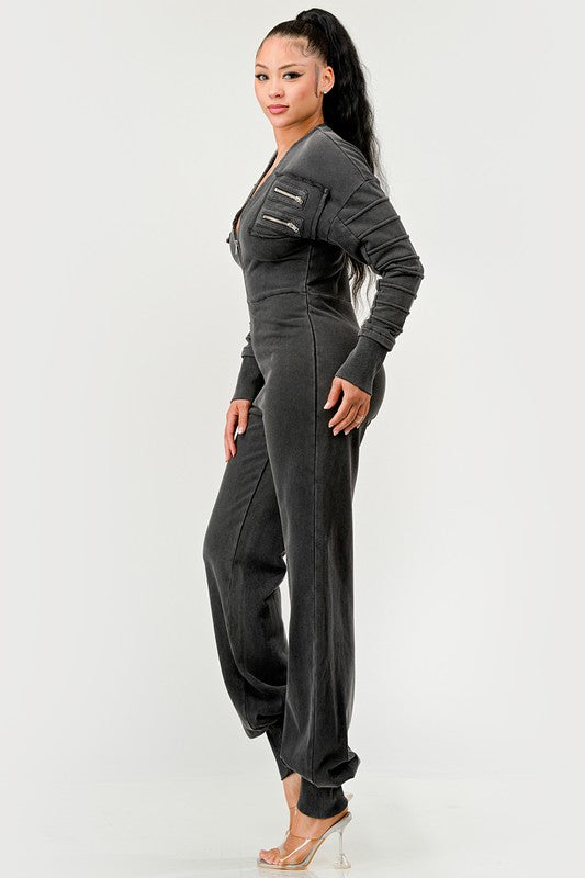 Meridian Multi-Pocket V-Neck Ribbed Jumpsuit in BLACK - v neck, cropped - view 5