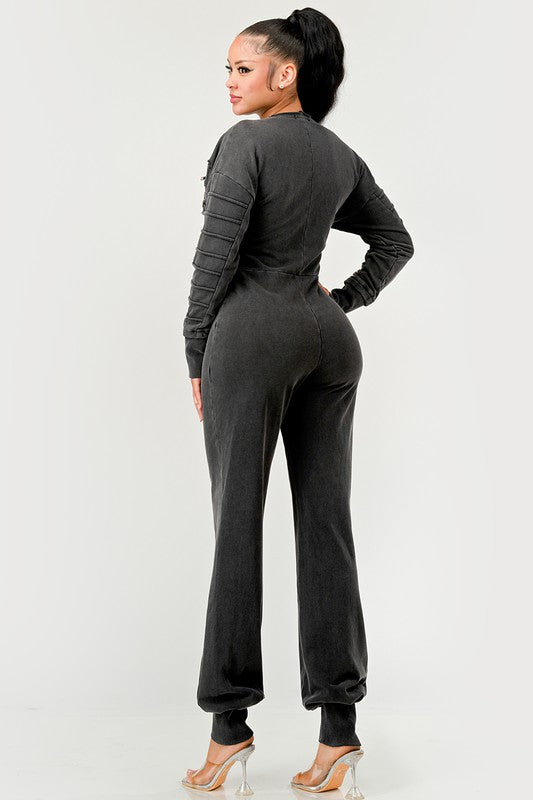 Meridian Multi-Pocket V-Neck Ribbed Jumpsuit in BLACK - v neck, cropped - view 6