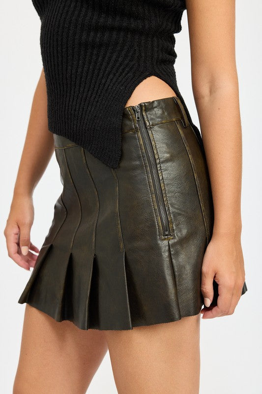 Milano Faux Leather Pleated Mini Skirt in BROWN - mini, high waist - alternate view