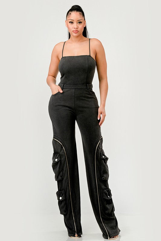 Moto Mystique Cargo Pocket Sleeveless Jumpsuit in BLACK - cropped, straight leg - alternate view