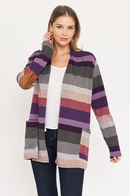 Multi Stripe Elbow Patch Cardigan in Purple/Charcoal - cardigan - front view