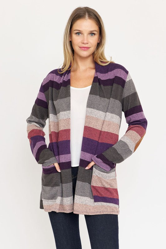 Multi Stripe Elbow Patch Cardigan in Purple/Charcoal - cardigan - alternate view
