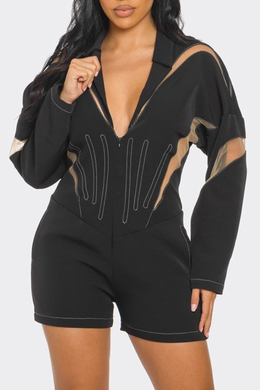Mystique Mesh Panelled Romper in BLACK - v neck, relaxed fit - front view