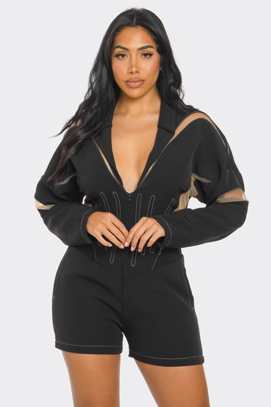 Mystique Mesh Panelled Romper in BLACK - v neck, relaxed fit - alternate view