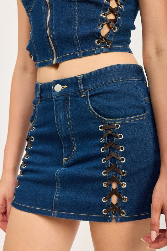 Nightfall Side Lace-Up Denim Mini Skirt in DARK DENIM - oversized, maxi - alternate view