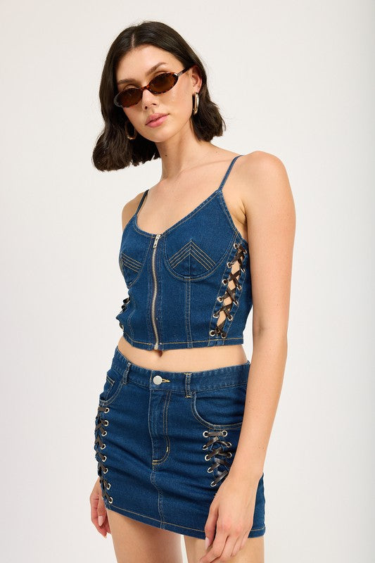Nightfall Side Lace-Up Denim Mini Skirt in DARK DENIM - oversized, maxi - detail view