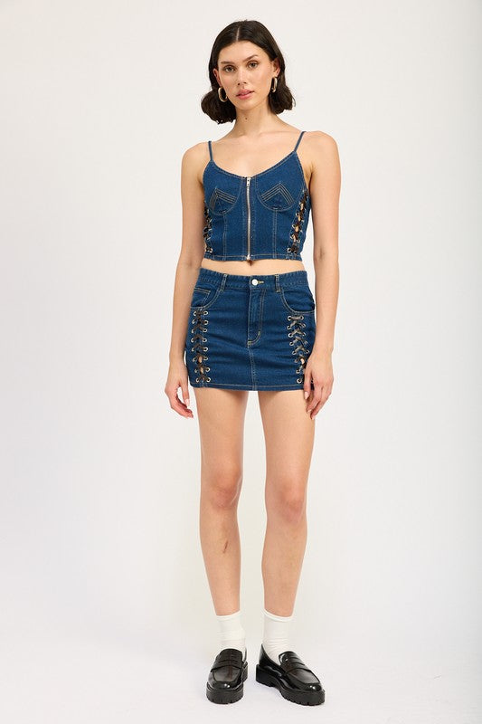 Nightfall Side Lace-Up Denim Mini Skirt in DARK DENIM - oversized, maxi - view 4
