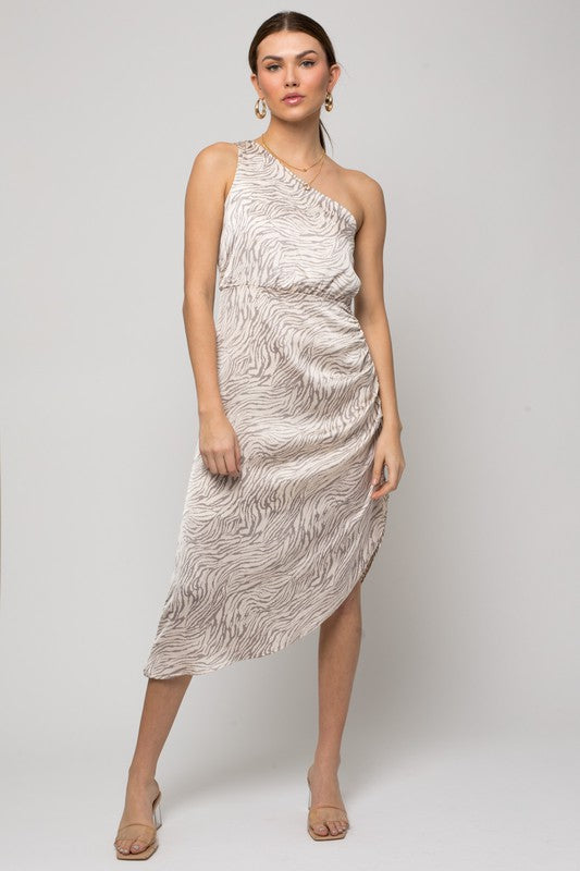 Olympia One Shoulder Abstract Print Midi Dress in CREAM-GREY ABSTRACT - midi - front view