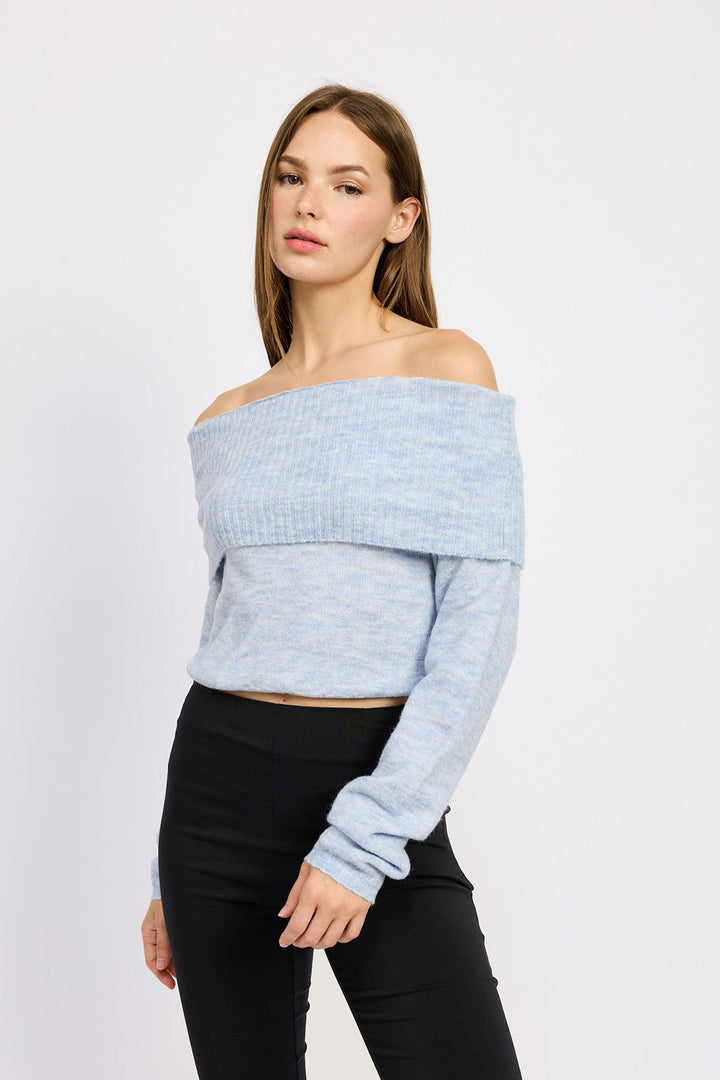 Ophelia Fold Over Off-Shoulder Cropped Sweater in LT BLUE - off shoulder, cropped - view 7