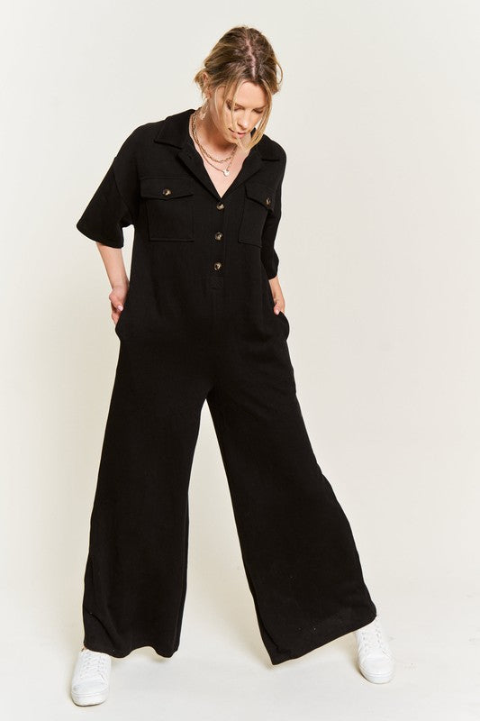 Palazzo Utility Collar Button-Front Jumpsuit - button front, cropped - view 12