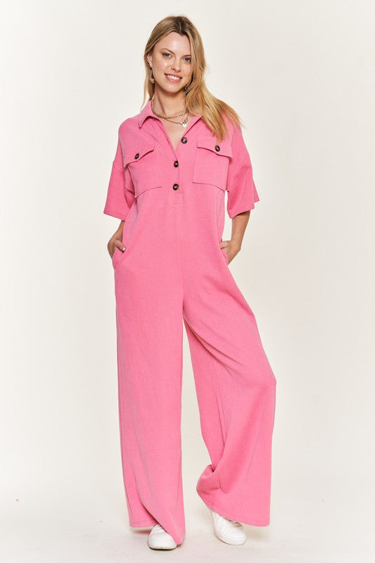 Palazzo Utility Collar Button-Front Jumpsuit - button front, cropped - view 18