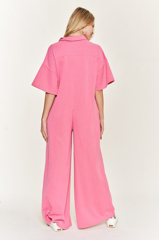 Palazzo Utility Collar Button-Front Jumpsuit - button front, cropped - color options