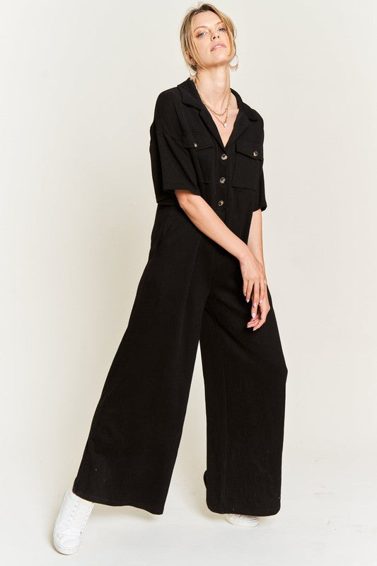 Palazzo Utility Collar Button-Front Jumpsuit in BLACK - button front, cropped - view 10