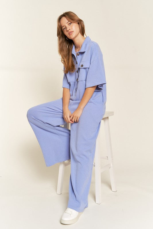 Palazzo Utility Collar Button-Front Jumpsuit in BLUE/PURPLE - button front, cropped - front view