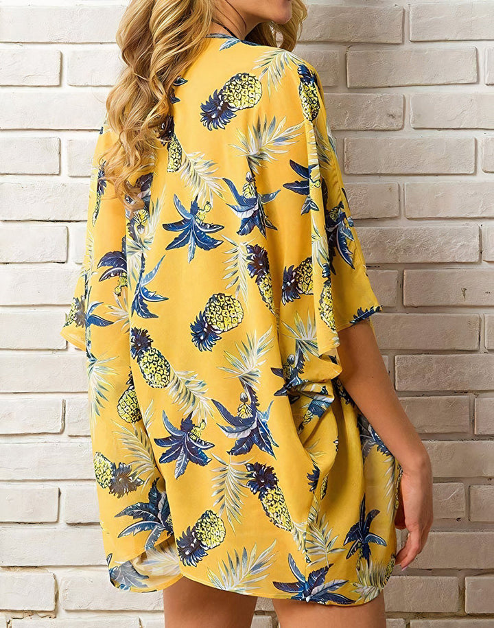 Paradise Breeze Tropical Print Kimono Coverup in Yellow - relaxed fit, maxi - detail view