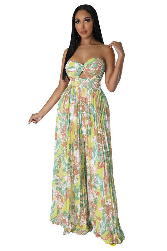 Paradise Pleated Bandeau Jumpsuit in YELLOW GREEN - cropped, wide leg - front view