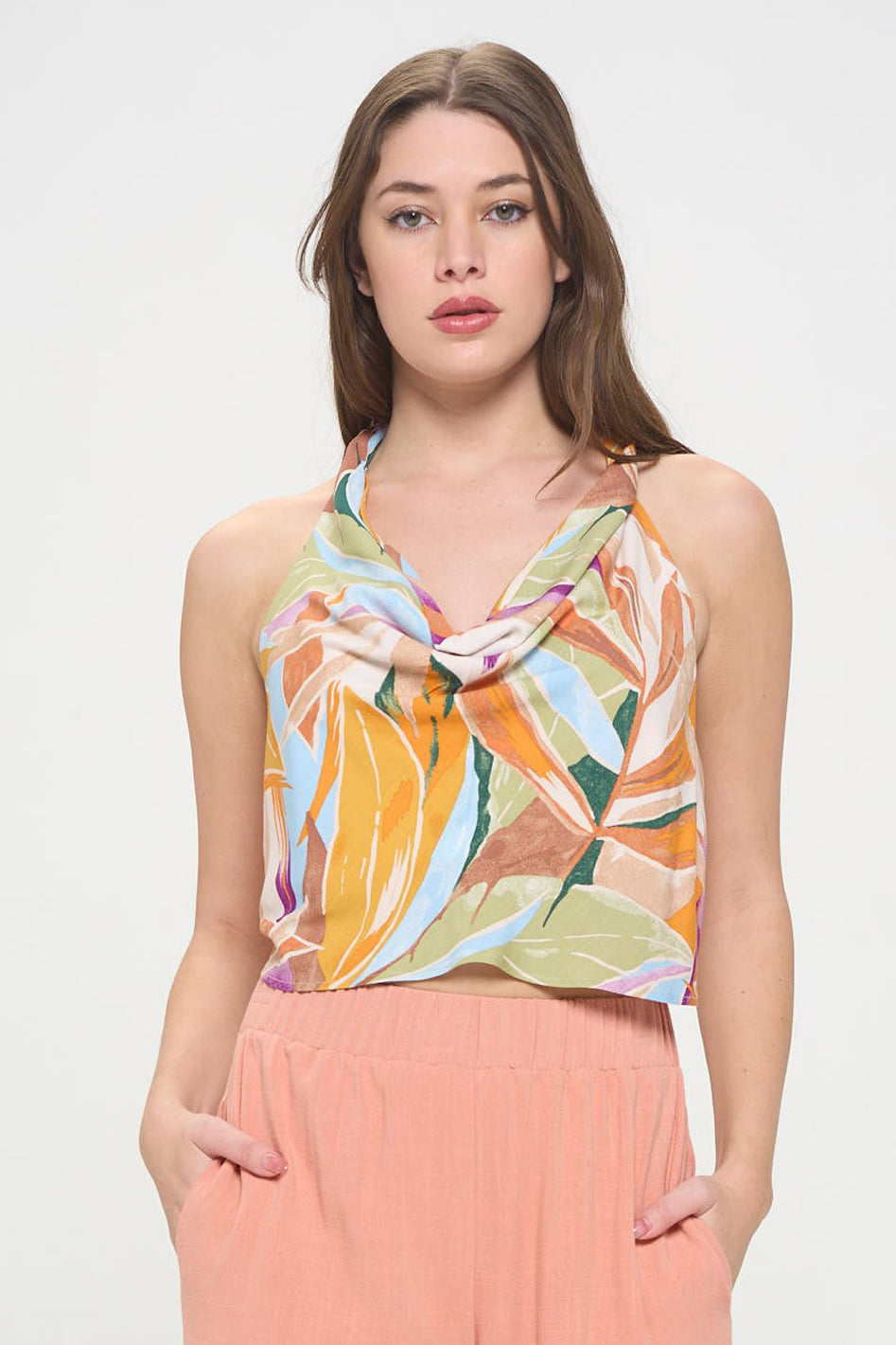 Paradiso Tropical Leaf Halter Backless Top | USA Made in Coral - high waist, sleeveless - front view