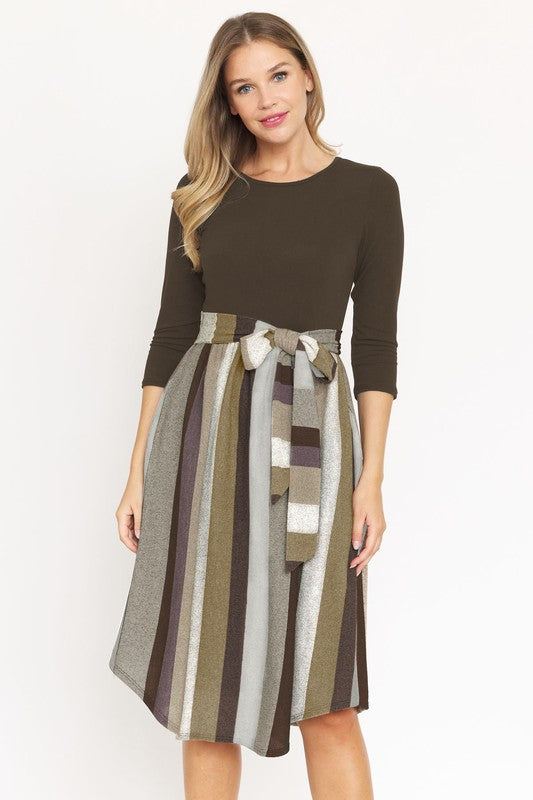 Parisian Chic Quarter Sleeve Sash Tie Midi Dress in brown mocha - midi, mini - color options