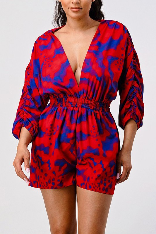 Passionate Plunge V-Neck Long Sleeve Romper in multi - v neck, mini - front view