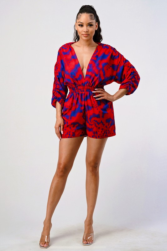 Passionate Plunge V-Neck Long Sleeve Romper in multi - v neck, mini - detail view