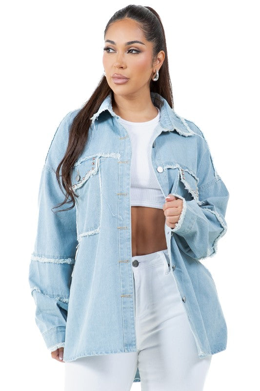 Ravello Oversized Frayed Denim Shirt in LIGHT BLUE - oversized, maxi - detail view