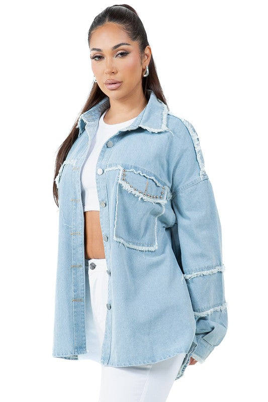 Ravello Oversized Frayed Denim Shirt in LIGHT BLUE - oversized, maxi - view 4