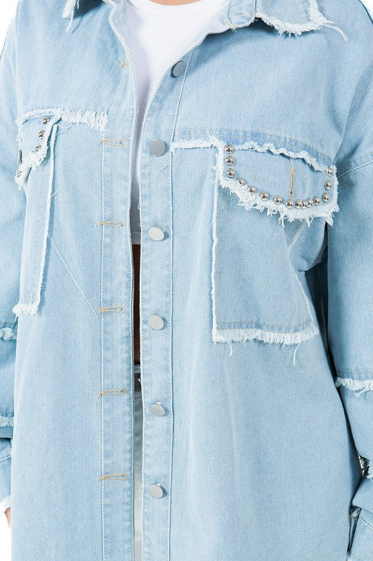 Ravello Oversized Frayed Denim Shirt in LIGHT BLUE - oversized, maxi - view 6