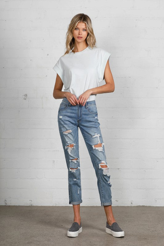 Ravenna Mid Rise Heavily Distressed Tomgirl Ankle Jeans in MEDIUM - cropped, denim - front view