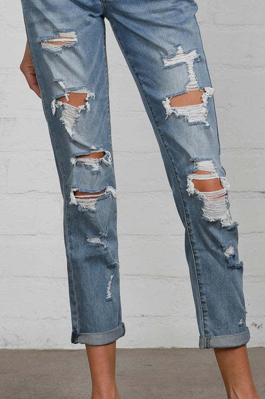 Ravenna Mid Rise Heavily Distressed Tomgirl Ankle Jeans in MEDIUM - cropped, denim - alternate view