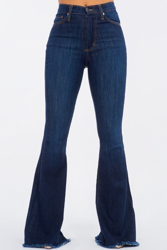 Retro Flair High Rise Bell Bottom Jean With Frayed Hem in Dark Blue - cropped, denim - front view